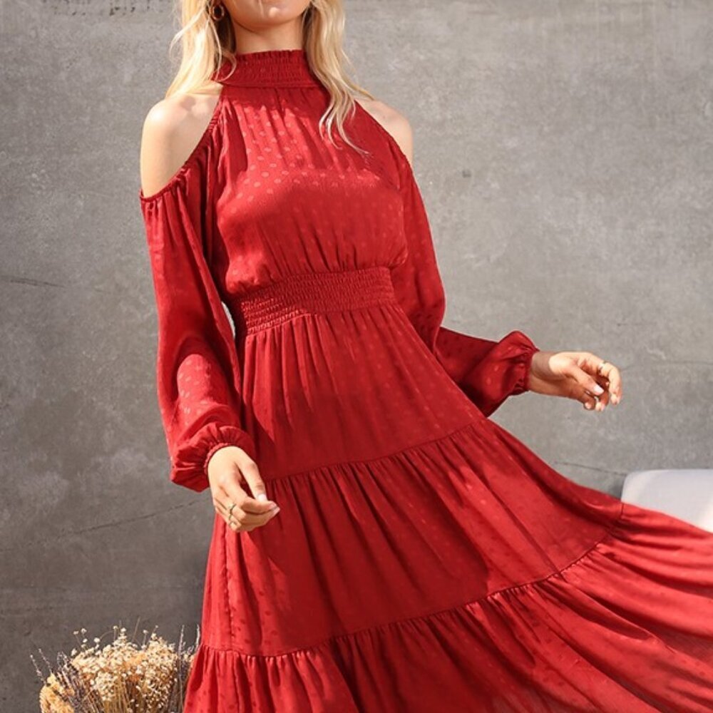 LUMIERE Red Cold Shoulder Tiered Midi Dress Long Sleeve Smocked Waist Boutique